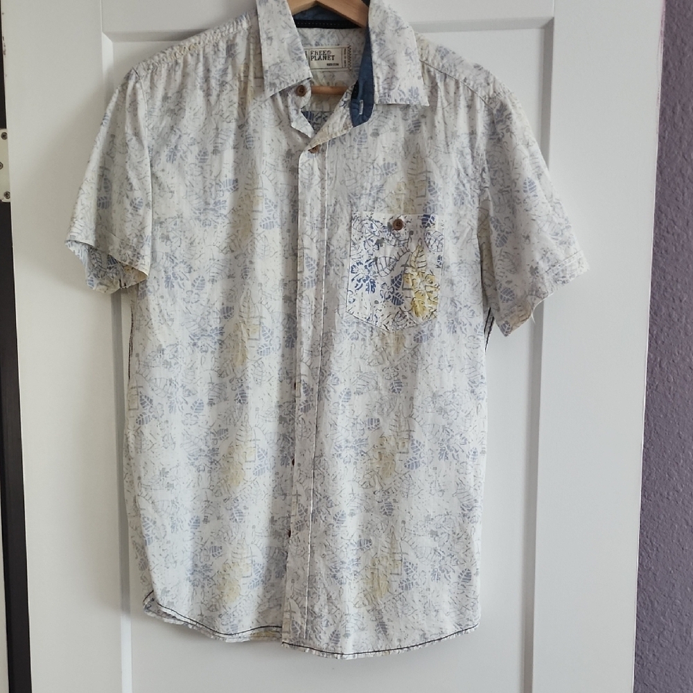 Men's White and Blue Short Sleeve Shirt